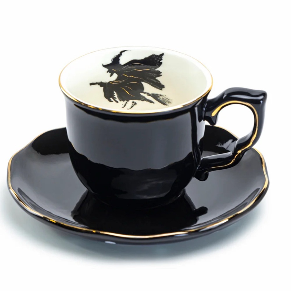 Potter’s Studio Set of Four Flying Witch Black Gold Tea Cups and Saucers